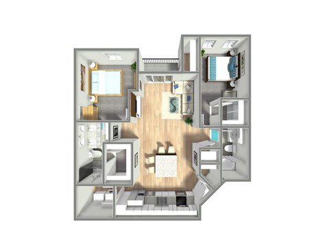 Floor plan for 2 beds, 2 baths, 1041 sqft